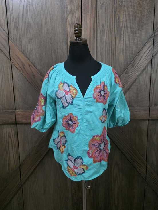 Anthropologie Tops - Anthropologie Maeve Turquoise Embroidered Floral Peasant Blouse